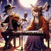 Japanese comic mentor lady and man, playing musical instrument, stage, anime.jpg