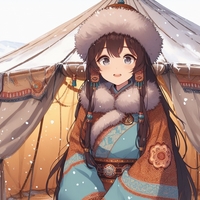 Mongolian lady, Mongolian tent, cold day, anime.jpg