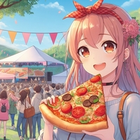 ady enjoying pizza festival, countryside park, anime.jpg