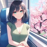 ady sitting Bullet train 2‐seat rows, window side, high-speed, Japanese spring, anime.jpg