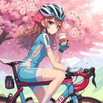 bicycle racer lady drinking coffee, anime.jpg
