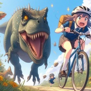 big dinosaur chasing cycling lady, anime.jpg
