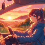 car driving lady waiting sunrise at foot of hill, anime.jpg