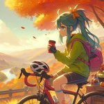 cycling lady drinking coffee on autumn hilltop, anime2.jpg