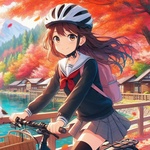 cycling lady wearing helmet along autumn lakeside, anime.jpg