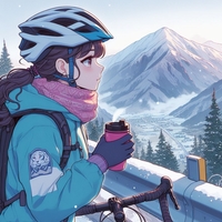 cycling lady, looking up mountain, wearing helmet, cold day, anime.jpg