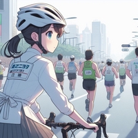 cycling staff lady following marathon runners, wearing helmet, anime.jpg