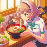 cycling ware lady eating miso ramen in restaurant, anime2.jpg