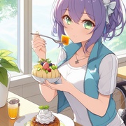cycling ware lady eating sweet potato dessert in restaurant, anime.jpg