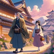 elder samurai and young lady walking Japanese castle town, anime.jpg