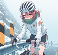 hill climbing cycling lady, wearing helmet, cold day, anime.jpg