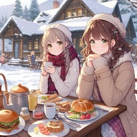 ladies enjoying outdoor breakfast, morning winter cottage, anime.jpg