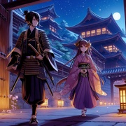 lady and samurai walking great wood gate of night Japanese castle, anime.jpg