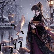 lady and waterfowl, winter lake, anime.jpg