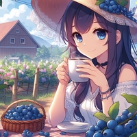 lady drink coffee, blueberry farm garden, anime.jpg