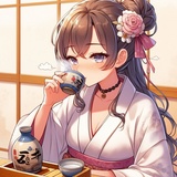 lady drinking Japanese hot sake using little pottery cup, anime.jpg