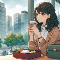 lady drinking coffee with bento, urban workplace, anime.jpg