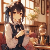 lady drinking coffee, Japanese old cafe, anime.jpg