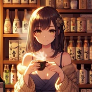 lady drinking hot coffee, Japanese old sake liquor store, anime.jpg