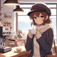 lady drinking hot coffee, cafe counter seat, anime.jpg