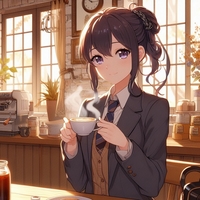 lady drinking hot coffee, old modern cafe, anime2.jpg