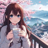 lady drinking just coffee, hill top balcony, cherry blossom, anime.jpg