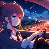 lady driving car, night highway, anime.jpg