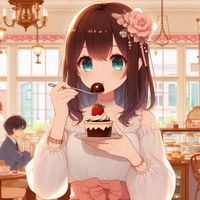 lady eat mini pudding, cafe, anime.jpg