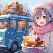 lady eating French toast, winter food truck, anime.jpg