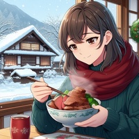lady eating Roast Beef Bowl, winter cottage, anime.jpg