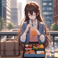lady eating bento, urban workplace, anime.jpg