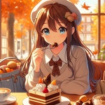 lady eating chestnut cream cake in autumn cafe, anime.jpg