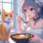 lady eating curry with kitten, anime.jpg