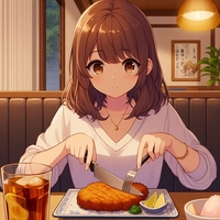 lady eating cutting chicken cutlet, Japanese restaurant, anime.jpg