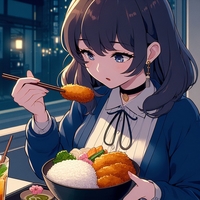 lady eating deep-fried Chicken cutlet rice bowl, night Japanese restaurant, anime3.jpg