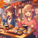 lady eating launch in small restaurant of autumn town, anime.jpg