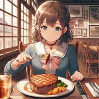 lady eating pork steak, old restaurant, anime.jpg
