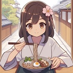 lady eating simple soba on flat square plate, anime.jpg