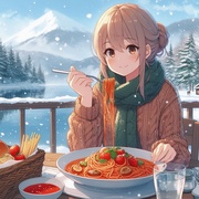 lady eating spaghetti, winter countryside lakeside restaurant, anime.jpg