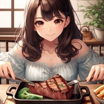 lady eating steak on iron dish, anime.jpg
