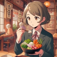 lady eating vegetable rice bowl, old Japanese restaurant, anime.jpg