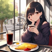 lady having black coffee and plain omelet with tomato ketchup, cafe, anime.jpg