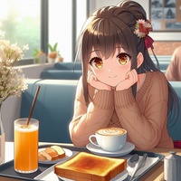 lady having hot coffee and toasted bread, casual cafe, anime.jpg