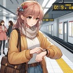 lady looking her watch at subway station, anime.jpg