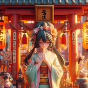 lady praying shrine, urban street, anime.jpg