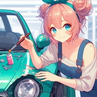lady repairing Car body tiny scratch, anime.jpg