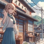 lady saying goodby to old Japanese countryside diner building, anime.jpg