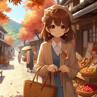 lady shoping chestnut tree street, countryside, anime.jpg