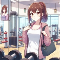 lady visiting sports gym, anime.jpg
