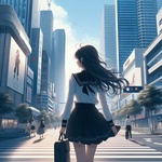 lady walking along skyscraper street, anime.jpg